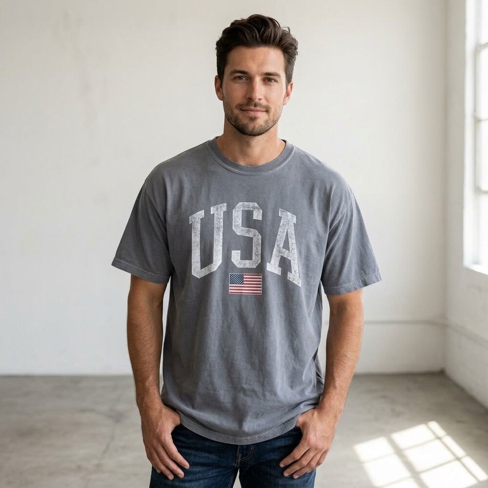 Comfort Colors USA American Flag Graphic Tee Short Sleeve Blue Men's Size 2XL